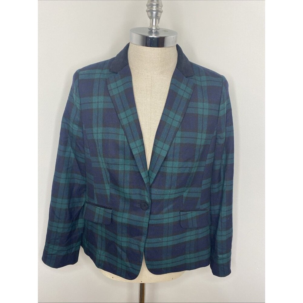 Talbots Classic Blackwatch Tartan Plaid Wool Blend Blazer 12 Velvet Collar NWOT